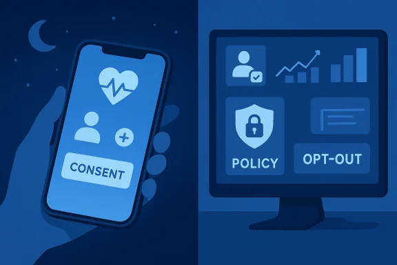 A hand holds a phone displaying a consent button, while a monitor shows policy and opt-out options.