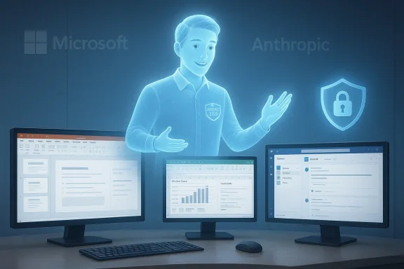 A blue holographic agent labeled Agent 365 explains security beside three computer monitors.