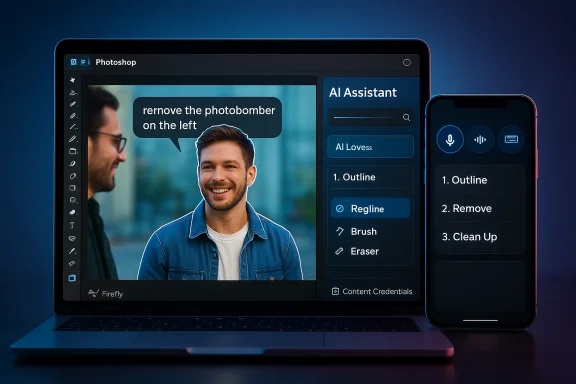 Photoshop on a laptop with AI Assistant, showing photo-editing tools and a bubble about removing the photobomber.