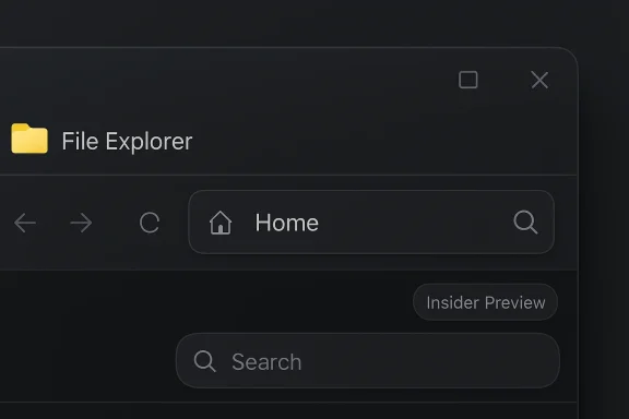 Dark UI mockup of File Explorer with a yellow folder icon and a rounded Home search bar.
