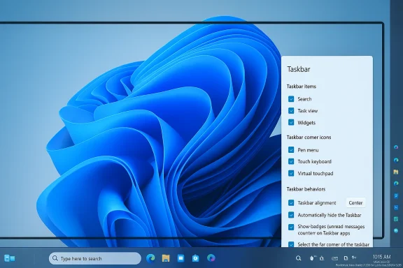 Windows 11 desktop with a Taskbar settings panel open over a blue abstract wallpaper.