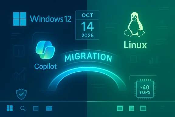 Windows 12 and Linux split screen with a central “Migration” arc and Copilot guiding the move.