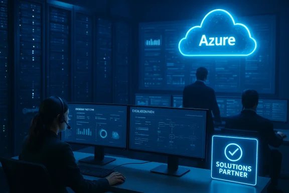 Blue-tinted data center with a glowing Azure cloud logo and operators monitoring dashboards.