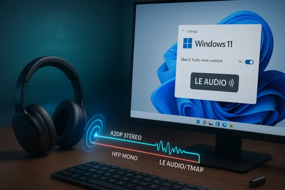 Windows 11 LE Audio settings hover over a monitor beside a headset and glowing audio waveform.