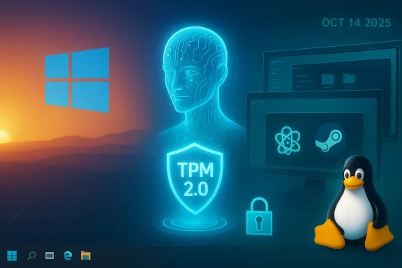 A futuristic tech collage with Windows at sunset, a TPM 2.0 shield, Linux’s Tux, and dev dashboards.