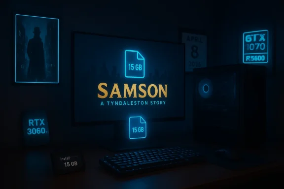Neon blue-lit desk setup with a monitor displaying SAMSON and floating 15 GB file icons.