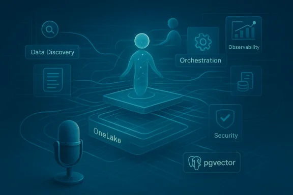 Futuristic data platform with a figure on a pedestal labeled OneLake, linking discovery, orchestration, and security.