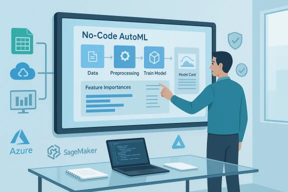 A man presents a No-Code AutoML workflow on a large screen, showing data, preprocessing, and model training.