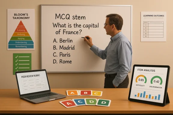 Teacher writes a multiple-choice question on the whiteboard about the capital of France.