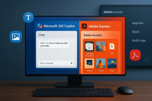 Monitor shows a split UI: Microsoft 365 Copilot chat alongside Adobe Express templates.