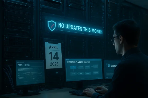 IT technician at a data center monitors dashboards beneath a neon sign reading “No updates this month.”