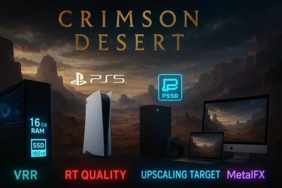 Crimson Desert promo banner with PS5, PSSR logo, and PC gear in a rugged desert landscape.