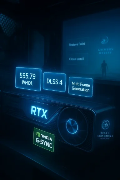 Neon-blue RTX graphics card on display, featuring DLSS 4 and Multi-Frame Generation.