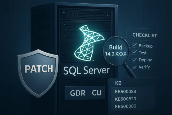 A neon-lit SQL Server build being patched, with a checklist and PATCH shield.