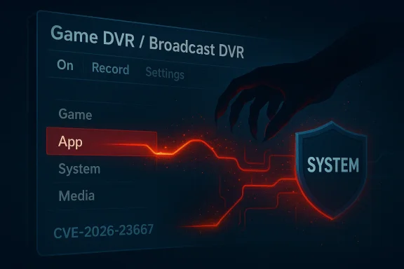 A dark UI panel with a reaching hand toward a SYSTEM shield and a glowing red circuit from the App highlight.
