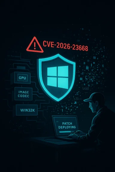 Cybersecurity scene: patch deployment for CVE-2026-23668 with a glowing shield and Windows icon.