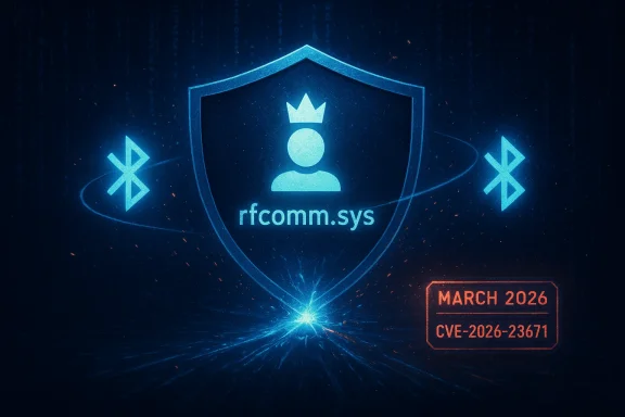 Glowing blue shield with rfcomm.sys and CVE-2026-23671 vulnerability badge.