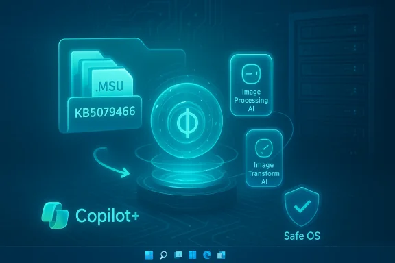 Neon holographic UI showing AI image processing/transform, Copilot+ and Safe OS.