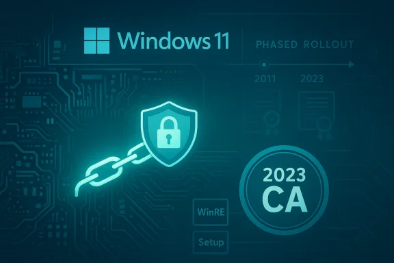 Windows 11 security concept: glowing shield chained to a circuit-board backdrop.