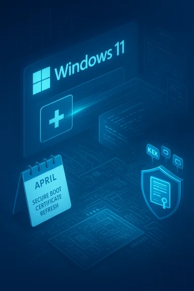 Windows 11 blue digital UI showing April calendar for secure boot certificate refresh and a shield.