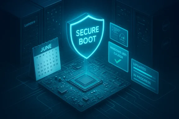 A neon 'Secure Boot' shield glows above a motherboard in a data-center setting.