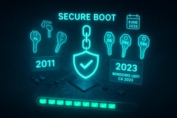 Neon secure-boot concept with keys, a shield, and a 2011–2023 Windows UEFI timeline.