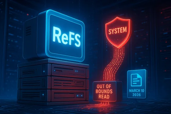 Neon data center scene with a ReFS computer, a glowing SYSTEM shield, and an “Out of Bounds Read” warning.