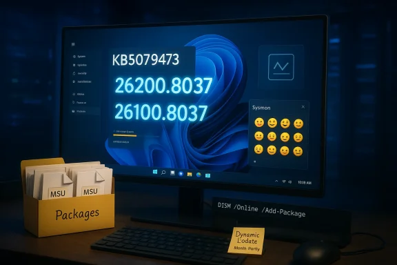 A computer monitor displays glowing numbers and an emoji panel beside a yellow Packages box.