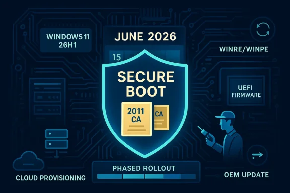 Blue Secure Boot shield on a circuit-board backdrop, highlighting Windows 11 and firmware updates.