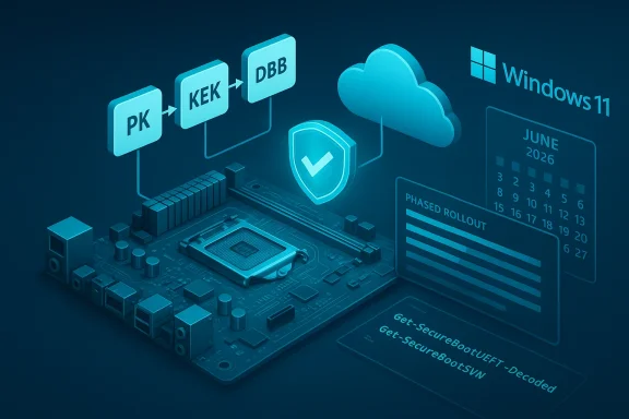 Blue motherboard with cloud security shield, Windows 11 branding, and phased Secure Boot rollout.