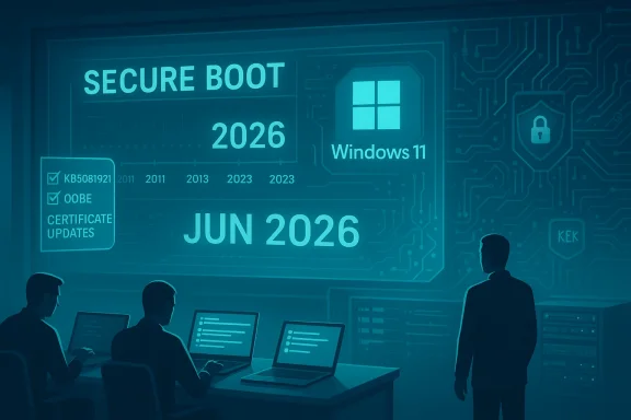 A team monitors a futuristic dashboard featuring Secure Boot and Windows 11 for June 2026.