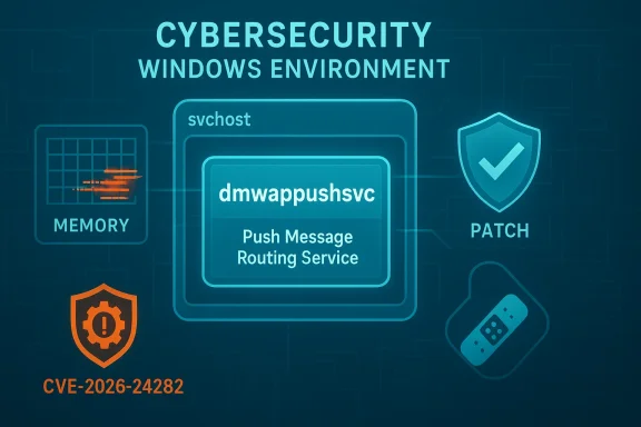 Cybersecurity Windows environment diagram showing dmwappushsvc and CVE-2026-24282 patch.