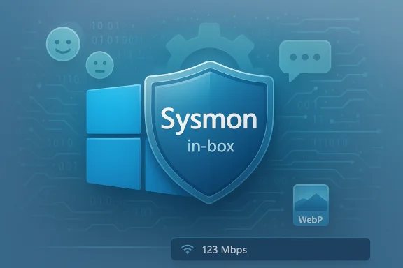 Blue shield with 'Sysmon in-box' text over Windows-like blocks and circuit patterns.