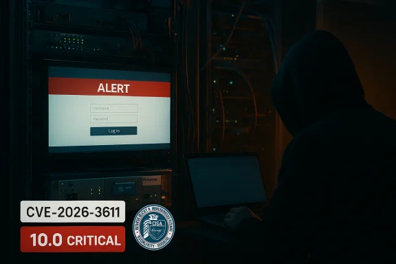 A hooded figure at a laptop in a server room, facing an ALERT login screen.