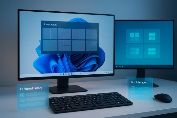 Dual-monitor setup with holographic panels showing Clipboard history and Task Manager.