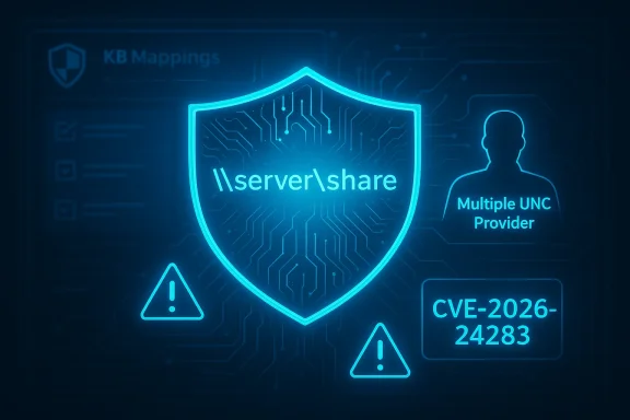 A glowing blue shield labeled 'serverShare' on a circuit-board background with warning icons and CVE-2026-24283.