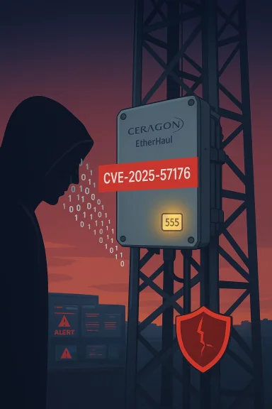 Hooded figure hacking a Ceragon EtherHaul device, exploiting CVE-2025-57176.