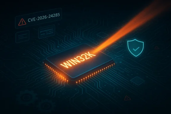 Glowing WIN32K chip on a circuit board, spotlighting CVE-2026-24285.