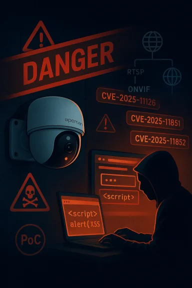 Hooded hacker at a laptop amid red danger signs and a security camera.