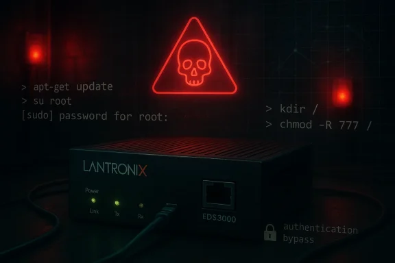 Lantronix EDS3000 sits in a dark room under a red skull-warning sign with code text in the background.