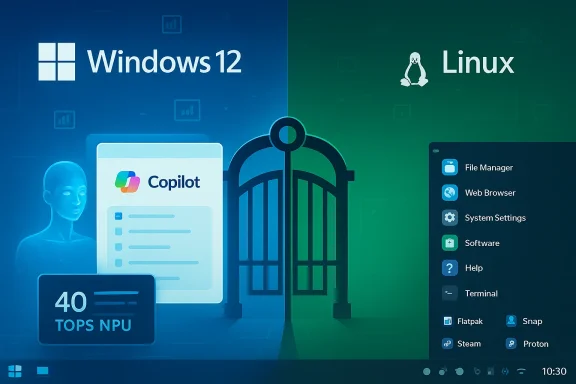 Split-screen illustration showing Windows 12 on the left and Linux on the right with Copilot and app icons.