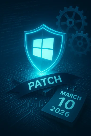 Glowing Windows shield above a circuit board, with a patch ribbon and March 10, 2026.