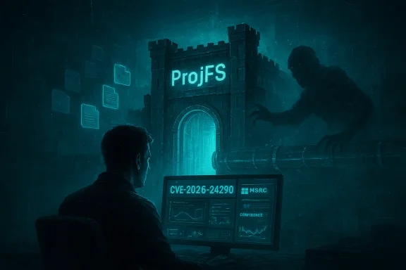 Security analyst watches CVE-2026-24290 at a glowing ProjFS gate as a monster approaches.