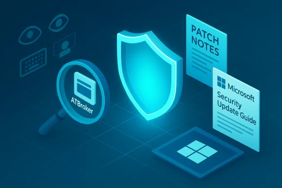 Blue cyber-security illustration featuring a shield, patch notes, and the Microsoft Security Update Guide.