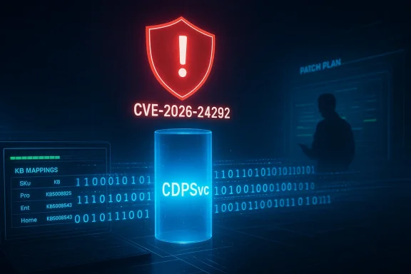 Red shield alert CVE-2026-24292 over blue holographic data and a CDPSvc cylinder.