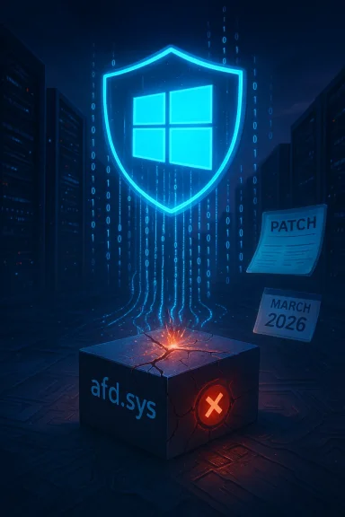 Blue Windows shield hovers above a cracked 'afd.sys' box with patch notes and March 2026.