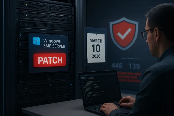 IT specialist patches Windows SMB Server as a calendar and shield logo loom in the background.