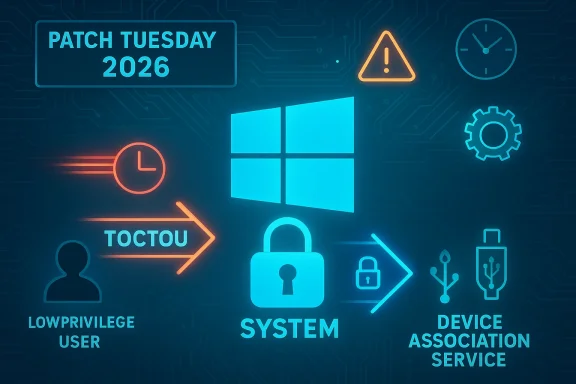 Windows-themed infographic about Patch Tuesday 2026 and cybersecurity icons.