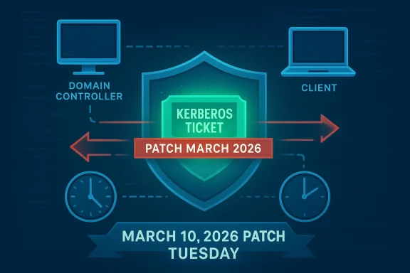 Cybersecurity poster announcing a Kerberos ticket patch for March 2026 (Patch Tuesday).