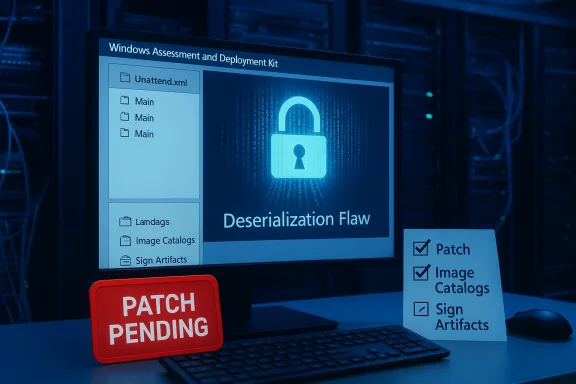 Monitor displays “Deserialization Flaw” on a Windows deployment screen with patch-pending signs in a data center.